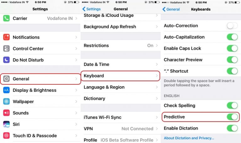 Включение / отключение интеллектуального ввода текста на iPhone 7 Plus, 7, iPhone 6 (6 Plus), iPad